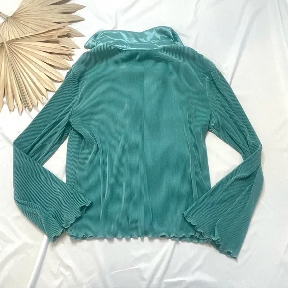 Anthropologie Dolan Lettuce Hem Teal Turquoise Button Front Pleated Shirt Top - Picture 8 of 9